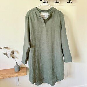 New Not Perfect Linen French Boyfriend Shirt Dress in Forest Green